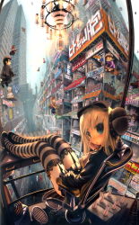 Rule 34 | 1girl, absurdres, blonde hair, bow, broom, broom riding, building, cityscape, fisheye, flying, garter belt, garter straps, hair bow, highres, john hathway, legs, long hair, looking back, original, sitting, socks, solo focus, striped clothes, striped thighhighs, thighhighs
