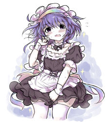 Rule 34 | 1girl, apron, blue hair, blush, covering privates, covering crotch, hairband, highres, laoshezhang, looking at viewer, maid, maid apron, multicolored clothes, multicolored headwear, open mouth, socks, socks over thighhighs, solo, sweat, tenkyuu chimata, touhou, unconnected marketeers, white background