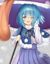 Rule 34 | 1girl, ;d, bad id, bad pixiv id, black ribbon, blue capelet, blue eyes, blue hair, blue skirt, blush, capelet, colored eyelashes, commentary request, cowboy shot, fur-trimmed capelet, fur trim, hand in own hair, high-waist skirt, holding, holding umbrella, karakasa obake, long sleeves, looking at viewer, motion blur, one eye closed, open mouth, piyodesu, pleated skirt, pom pom (clothes), ribbon, shirt, short hair, skirt, smile, snowing, solo, tatara kogasa, tongue, touhou, umbrella, white shirt