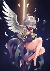Rule 34 | 1girl, absurdres, arrow (symbol), ass, bare legs, barefoot, black background, blue background, bow, bowtie, braid, brooch, brown jacket, closed eyes, closed mouth, collared dress, crossed arms, dark background, dress, feathered wings, feathers, feet, french braid, full body, gem, gradient background, green gemstone, grey hair, hair between eyes, highres, jacket, jewelry, kishin sagume, knee up, knees, legs, light, light particles, long sleeves, niseneko (mofumofu ga ienai), no panties, open clothes, open jacket, purple dress, red bow, red bowtie, ribbon, short hair, single wing, solo, thighs, toes, touhou, wings