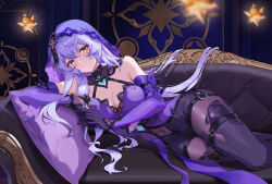 Rule 34 | 1girl, absurdres, bare shoulders, black gloves, black swan (honkai: star rail), breasts, chiyikoupangsanjin, cleavage, commentary request, covered navel, dress, elbow gloves, feet out of frame, gloves, highres, honkai: star rail, honkai (series), indoors, long hair, lying, on side, pantyhose, pillow, purple dress, purple hair, smile, solo, thighs, veil, very long hair, yellow eyes