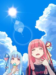 Rule 34 | 2girls, black shirt, blue hair, blue ribbon, blue sky, casual, closed eyes, cloud, cloudy sky, commentary, cover, cover page, day, doujin cover, eating, facing viewer, fanning face, from below, frown, furrowed brow, hair ribbon, hand up, highres, holding food, holding ice cream, hot, ice cream, ice cream cone, kotonoha akane, kotonoha aoi, lens flare, light blush, long hair, low-tied sidelocks, mint chocolate, multiple girls, open mouth, pink hair, print shirt, red eyes, red ribbon, ribbon, shirt, short sleeves, shoulder strap, siblings, sisters, sky, summer, sun, sweat, toromera, upper body, voiceroid, white shirt