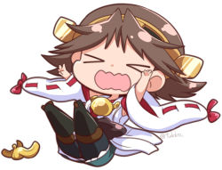 Rule 34 | &gt; &lt;, 10s, 1girl, armpits, banana peel, brown hair, chibi, closed eyes, detached sleeves, hiei (kancolle), kantai collection, nontraditional miko, pantyhose, short hair, simple background, solo, thighhighs, tsukko (3ki2ne10), twitter username, wavy mouth, white background, wide sleeves