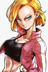 Rule 34 | 10s, 1girl, android 18, blonde hair, blue eyes, breasts, cleavage, dragon ball, dragon ball super, earrings, expressionless, eyelashes, floating hair, jacket, jewelry, kemachiku, looking away, navel, pink jacket, serious, short hair, simple background, solo, sports bra, sportswear, stomach, striped clothes, striped jacket, upper body, vertical-striped clothes, vertical-striped jacket, white background