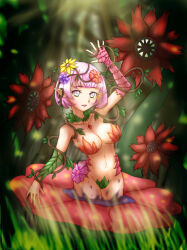 Rule 34 | 1girl, absurdres, alraune, arm up, armpits, blurry, breasts, cleavage, collarbone, colored skin, commentary request, depth of field, flower, forest (simise), grey eyes, hair between eyes, hair flower, hair ornament, highres, in water, looking at viewer, medium breasts, monster girl, navel, original, outdoors, pink hair, plant girl, pointy ears, short hair, sidelocks, solo, stomach, veins, waving