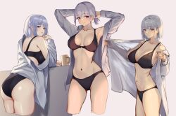 Rule 34 | 1girl, 3 small spiders, absurdres, black bra, black panties, bra, breasts, collarbone, collared shirt, commentary request, cropped legs, girls&#039; frontline, grey background, highres, linea alba, long sleeves, medium breasts, multiple views, navel, open clothes, open shirt, panties, purple eyes, rpk-16 (girls&#039; frontline), shirt, short hair, simple background, smile, tying hair, underwear, white hair, white shirt