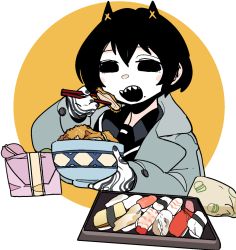 Rule 34 | 1girl, animal ears, black eyes, black hair, black sailor collar, blush stickers, bowl, cat ears, colored skin, eating, fingernails, food, food request, grey jacket, grey nails, hand tattoo, hand up, holding, holding bowl, idkuroi, jacket, kokubunji suou, long sleeves, mechanical ears, medium hair, mole, mole under mouth, nail polish, open clothes, open jacket, open mouth, original, sailor collar, sharp teeth, solo, sushi, tattoo, teeth, tray, upper body, upper teeth only, white skin