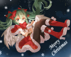 Rule 34 | 1girl, belt, black pantyhose, boots, christmas, clothes between thighs, fur boots, green eyes, green hair, hatsune miku, high heels, jimmy madomagi, knee boots, long hair, matching hair/eyes, merry christmas, nail polish, night, pantyhose, red footwear, santa boots, skirt, snowflakes, solo, twintails, very long hair, vocaloid