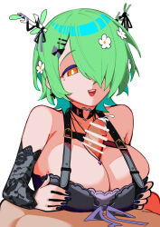 1boy 1girl antlers bar_censor black_choker blue_nails breasts breasts_squeezed_together censored ceres_fauna ceres_fauna_(goth) choker cleavage commentary cum dismassd ejaculation flower goth_fashion green_hair hair_flower hair_ornament hair_over_one_eye heart hetero highres hololive hololive_english horns large_breasts nail_polish official_alternate_costume open_mouth paizuri penis simple_background smile solo_focus symbol-only_commentary virtual_youtuber white_background yellow_eyes
