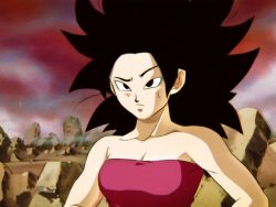 Rule 34 | 1990s (style), 1girl, animeajay, bad id, bad twitter id, black eyes, black hair, breasts, caulifla, closed mouth, collarbone, commentary, derivative work, dragon ball, dragon ball super, editor-san (totallynotmark), english commentary, muscular, muscular female, outdoors, pink tube top, raised eyebrow, retro artstyle, rubble, ruins, screenshot redraw, short hair, solo, spiked hair, strapless, sweatdrop, tube top