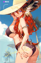 Rule 34 | 1girl, arknights, arm strap, ass, bare arms, bare shoulders, bikini, black bikini, black nails, blue sky, commentary request, cowboy shot, day, drive shot, feather hair ornament, feathers, hair ornament, hat, highres, horns, long hair, looking at viewer, mouth hold, nail polish, purple eyes, red hair, sky, smile, solo, standing, sun hat, surtr (arknights), swimsuit, thighs, very long hair