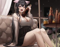 Rule 34 | 1girl, :d, animal ear fluff, animal ears, arm at side, arm support, bare legs, beer bottle, black hair, black skirt, blurry, blush, bokeh, bottle, breasts, cat ears, cleavage, commission, couch, depth of field, drunk, extra ears, feet out of frame, hair between eyes, hand up, high-waist skirt, highres, holding, holding bottle, illien (illien), indoors, jacket, jacket partially removed, knees up, korean commentary, large breasts, long hair, long sleeves, looking at viewer, night, on couch, open clothes, open jacket, open mouth, original, pleated skirt, pucohiiiii, red eyes, second-party source, see-through, see-through jacket, sidelocks, sitting, skirt, smile, solo, tank top, teeth, upper teeth only, white tank top