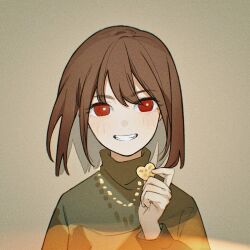 Rule 34 | 1other, androgynous, brown hair, chara (undertale), grin, guangchenren, heart, heart necklace, holding, holding jewelry, holding necklace, jewelry, necklace, red eyes, simple background, smile, solo, striped clothes, striped sweater, sweater, swept bangs, undertale, upper body