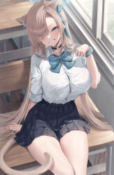 Rule 34 | 1girl, animal ear fluff, animal ears, asuna (blue archive), black skirt, blue archive, blue bow, blush, bow, breasts, cat ears, cat tail, choker, classroom, desk, extra ears, grin, hair over one eye, halo, highres, large breasts, light brown hair, long hair, looking at viewer, me meel, pawing, school desk, scrunchie, shirt, sitting, skirt, smile, solo, tail, very long hair, white shirt, wrist scrunchie