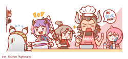 Rule 34 | 1boy, 1koma, 1other, 5girls, :&gt;, ambiguous gender, amiya (arknights), animal ears, apron, arknights, black apron, black coat, black jacket, blue apron, blue poison (arknights), bowl, brown hair, chibi, coat, comic, commentary, cow boy, cow ears, cow horns, cutter (arknights), doctor (arknights), english commentary, english text, flying sweatdrops, fox ears, hair ornament, hairband, hairclip, heavyrain (arknights), hibiscus (arknights), highres, hood, hood up, hooded coat, hooded jacket, horns, jacket, long hair, matterhorn (arknights), medium hair, multiple girls, necktie, open mouth, paint splatter, paint tube, peeking out, pink apron, pink hair, purple eyes, purple hair, red shirt, shirt, short hair, smile, speech bubble, stirring, striped clothes, striped hairband, sword, topknot, twintails, weapon, wittle red, x hair ornament, zebra ears, zebra girl