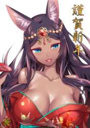 Rule 34 | 1girl, alcohol, animal ears, bare shoulders, blush, breasts, cleavage, collarbone, cup, dark-skinned female, dark skin, fate/grand order, fate (series), gem, head chain, head tilt, japanese clothes, jewelry, kimono, large breasts, lips, long hair, looking at viewer, misao (kami no misoshiru), off shoulder, open mouth, parted bangs, purple hair, queen of sheba (fate), revision, sakazuki, sake, simple background, smile, solo, upper body, white background