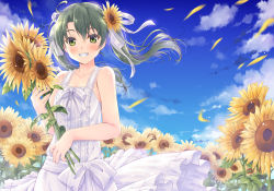 Rule 34 | 1girl, alternate costume, blue sky, breasts, cloud, collarbone, commentary request, day, dress, flower, green eyes, green hair, hair ribbon, holding, holding flower, kantai collection, long hair, looking at viewer, minakami nagara, outdoors, ribbon, sky, sleeveless, sleeveless dress, small breasts, smile, solo, sundress, sunflower, twintails, white dress, white ribbon, zuikaku (kancolle)