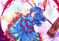 Rule 34 | 1girl, ahoge, ambiguous red liquid, animal ears, bad id, bad pixiv id, bare legs, blue dress, blue hair, rabbit ears, chikuwa savy, crescent, dress, earclip, frilled dress, frills, holding, kine, long hair, low twintails, mallet, multi-tied hair, parted lips, pink eyes, seiran (touhou), short sleeves, solo, teeth, touhou, twintails
