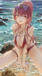 Rule 34 | 1girl, :p, absurdres, bare shoulders, between legs, bikini, blush, breasts, cleavage, collarbone, hair ornament, hair over shoulder, hand between legs, heart, heart hair ornament, heterochromia, high ponytail, highres, hololive, houshou marine, houshou marine (summer), hxxg, jewelry, large breasts, long hair, looking at viewer, necklace, ocean, open mouth, red bikini, red eyes, red hair, rock, sand, sidelocks, sitting, solo, spread legs, swimsuit, thighlet, tongue, tongue out, virtual youtuber, wariza, waves, yellow eyes