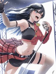 Rule 34 | absurdres, asymmetrical jacket, belt, black eyes, black gloves, black hair, black shorts, buttons, collar, collarbone, commentary request, crop top, detached sleeves, earrings, endo yohane, gloves, half-skirt, highres, holding, holding microphone stand, idol, jacket, jewelry, leg up, light blush, long hair, long sleeves, love live!, love live! nijigasaki high school idol club, microphone stand, midriff, navel, one eye closed, open mouth, outstretched arm, red jacket, see-through, see-through sleeves, shorts, single bare shoulder, single glove, smile, stage, thigh strap, thighhighs, thighs, v-shaped eyebrows, yuki setsuna (love live!)