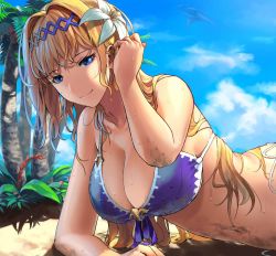 Rule 34 | 1girl, adjusting hair, aircraft, airship, bare shoulders, beach, bikini, blonde hair, breasts, cleavage, collarbone, day, diadem, flower, granblue fantasy, grancypher (granblue fantasy), hair between eyes, hair flower, hair intakes, hair ornament, highres, jeanne d&#039;arc (granblue fantasy), large breasts, lily (flower), long hair, lying, on stomach, outdoors, palm tree, purple bikini, sand, smile, solo, swimsuit, tree, wet, white flower, zonotaida