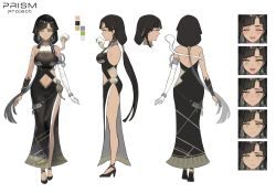 Rule 34 | 1girl, absurdres, armlet, bare legs, bare shoulders, black dress, black footwear, black hair, blunt bangs, blush, bracelet, breasts, character sheet, closed mouth, clothing cutout, cobra (animal), color guide, company name, dark-skinned female, dark skin, dress, earrings, elbow gloves, expressions, from behind, from side, frown, full body, gauntlets, gloves, green eyes, halterneck, high heels, highres, jewelry, lamp, large breasts, long dress, long hair, multiple views, nagare sara, navel, navel cutout, official art, open mouth, ouroboros, parted bangs, ponytail, prism project, sandals, side slit, single gauntlet, single glove, smile, snake, snake armband, soyoong jun, straight-on, tearing up, very long hair, virtual youtuber, white background, white gloves, white snake
