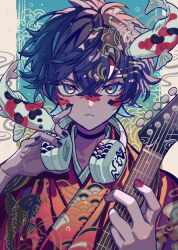 Rule 34 | 1boy, animal print, black hair, black nails, blue background, blue eyes, blue hair, border, colored inner hair, commentary request, fish print, frown, glaring, gradient background, guitar, haru4aki, highres, holding, holding guitar, holding instrument, instrument, japanese clothes, kimono, koi, looking at viewer, male focus, multicolored hair, nail polish, orange kimono, original, red nails, scales, seigaiha, smoke, solo, yellow background