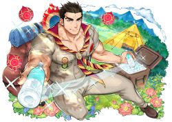 Rule 34 | 1boy, aizen (housamo), alternate costume, badge, bara, black hair, facial mark, feathers, forehead mark, full body, halo, halo behind head, kijimahyogo, large pectorals, looking at viewer, male focus, medal, muscular, official art, open clothes, open mouth, pants, pectorals, red eyes, smile, solo, tokyo houkago summoners, transparent background