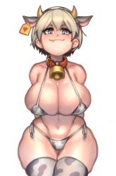 Rule 34 | 1girl, animal ears, animal print, bare shoulders, bell, bikini, blush, breasts, cleavage, closed mouth, condom, cow ears, cow girl, cow horns, cow print, cow tail, cowbell, curvy, elbow gloves, fang, fang out, gloves, grey hair, highres, horns, kelvin hiu, large breasts, looking at viewer, navel, print bikini, short hair, smile, smug, solo, swimsuit, tail, thighhighs, thighs, uzaki-chan wa asobitai!, uzaki hana