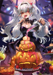 Rule 34 | 1girl, :d, ahoge, black dress, black hairband, blueberry, breasts, commentary request, dress, fangs, finger to tongue, food, fruit, full moon, grapes, grey hair, hair between eyes, hair intakes, hairband, halloween, highres, jack-o&#039;-lantern, long hair, long sleeves, looking at viewer, medium breasts, moon, nima (niru54), open mouth, original, pie, pie slice, plate, pointy ears, pouring, puffy long sleeves, puffy sleeves, raspberry, red eyes, smile, solo, strawberry, tiered tray, tongue, tongue out, two side up, very long hair, window