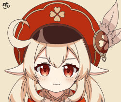 Rule 34 | 1girl, :3, ahoge, beret, blonde hair, blush, closed mouth, dot nose, genshin impact, hat, hat feather, klee (genshin impact), looking at viewer, pointy ears, portrait, red eyes, red hat, red shirt, scarf, shirt, sidelocks, signature, simple background, solo, straight-on, twintails, yellow scarf, yukimoca