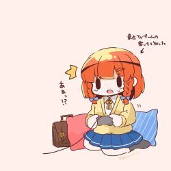 Rule 34 | ^^^, alternate costume, bag, bloom2425, blue skirt, bob cut, braid, brown sweater, collared shirt, commentary request, controller, dress shirt, etorofu (kancolle), full body, game controller, highres, kantai collection, negative space, orange hair, pillow, playing games, school bag, school uniform, seiza, shirt, short hair, side braids, sitting, skirt, solid oval eyes, sweater, thick eyebrows, translation request, twin braids, white shirt