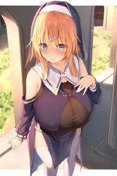 Rule 34 | 1girl, black shirt, blonde hair, blue eyes, blush, breasts, closed mouth, clothing cutout, commentary request, cross hair ornament, detached collar, dress, eyes visible through hair, garter straps, habit, hair ornament, hand on own chest, highres, huge breasts, long hair, long sleeves, looking at viewer, nun, original, purple dress, see-through, shirt, shoulder cutout, solo, standing, sune (mugendai), taut clothes, taut shirt, thighhighs, white thighhighs