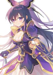 Rule 34 | 1girl, armor, armored dress, black bow, black hair, blush, bow, breasts, bright pupils, cleavage, cleavage cutout, closed mouth, clothing cutout, commentary, cowboy shot, date a live, eyelashes, floating hair, hair between eyes, highres, long hair, looking at viewer, medium breasts, purple eyes, sidelocks, simple background, smile, solo, standing, very long hair, white background, yatogami tooka, yunweishukuang