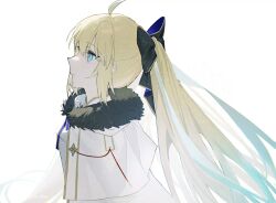 Rule 34 | 1girl, ahoge, black bow, blonde hair, blue bow, blue bowtie, blue eyes, bow, bowtie, capelet, commentary, english commentary, fate/grand order, fate (series), from side, frown, fur-trimmed capelet, fur trim, gradient hair, green hair, hair bow, idass (idass16), lofter username, long hair, looking up, multicolored hair, ponytail, shirt, simple background, solo, aesc (fate), aesc (savior) (fate), upper body, very long hair, white background, white capelet, white shirt