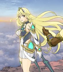Rule 34 | 1boy, 1girl, bare shoulders, blonde hair, blush, breasts, cleavage, cloud, dress, earrings, elbow gloves, gem, gloves, hair ornament, headpiece, jewelry, large breasts, long hair, mythra (xenoblade), nintendo, ooshima aki, open mouth, rex (xenoblade), sky, swept bangs, tiara, very long hair, white dress, xenoblade chronicles (series), xenoblade chronicles 2, yellow eyes