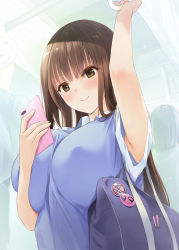 Rule 34 | 1girl, armpits, bag, blue shirt, blush, breasts, brown hair, cellphone, from below, highres, holding, holding phone, ichikawa noa, large breasts, long hair, original, phone, school bag, shirt, smartphone, smile, solo, upper body, yellow eyes