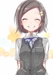 Rule 34 | 10s, 1girl, ^ ^, arms behind back, black hair, blue ribbon, blush, buttons, closed eyes, collared shirt, closed eyes, grin, hair ornament, hairclip, kantai collection, kuroshio (kancolle), ribbon, school uniform, shirt, short hair, short sleeves, simple background, smile, solo, upper body, vest, white background, white shirt, zinpati