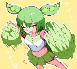 Rule 34 | 1girl, blush, breasts, bright pupils, cheering, cheerleader, commentary request, crop top, fang, from above, green hair, green shirt, green skirt, groin, highres, holding, holding pom poms, kakihou, long hair, looking at viewer, low ponytail, midriff, miniskirt, navel, one eye closed, open mouth, outline, pink sleeves, pom pom (cheerleading), pom poms, shirt, short sleeves, skirt, small breasts, smear frame, smirk, solo, sweat, translation request, two-tone shirt, v-shaped eyebrows, voicevox, white outline, white pupils, white shirt, yellow eyes, zundamon