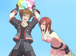 Rule 34 | 1boy, 1girl, blue eyes, breasts, brown hair, commentary request, fingerless gloves, gloves, gogo (detteiu de), highres, hood, jewelry, kairi (kingdom hearts), kingdom hearts, kingdom hearts ii, medium hair, necklace, open mouth, red hair, sleeveless, smile, sora (kingdom hearts), spiked hair