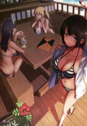 Rule 34 | &gt;:d, 3girls, :d, absurdres, amano don, beach, beach umbrella, bench, bikini, black hair, blonde hair, blue eyes, blurry, breasts, brown eyes, brown hair, cleavage, closed eyes, depth of field, dimples of venus, drink, fang, flip-flops, flower, food, foreshortening, from above, front-tie top, hairband, hibiscus, highres, jacket, kasumigaoka utaha, katou megumi, large breasts, long hair, looking at viewer, multiple girls, open clothes, open jacket, open mouth, purple bikini, red bikini, saenai heroine no sodatekata, sandals, sawamura spencer eriri, scan, shaved ice, short hair, side-tie bikini bottom, sitting, sketchbook, smile, striped bikini, striped clothes, sweat, swimsuit, table, twintails, umbrella, v-shaped eyebrows, walking, white hairband, white jacket