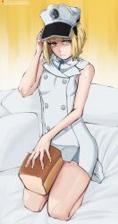 Rule 34 | 1girl, bare arms, bleach, bleach: sennen kessen-hen, blonde hair, blunt bangs, blunt ends, bob cut, bread, breasts, closed mouth, collared dress, commentary, dress, english commentary, food, frown, full body, hand up, hat, highres, holding, holding food, jitome, liltotto lamperd, looking at viewer, military hat, mobi mobi, nail polish, on bed, patreon username, sanpaku, seiza, shiny skin, short dress, simple background, sitting, small breasts, solo, straight hair, thighs, white dress, white hat, yellow background, yellow eyes, yellow nails