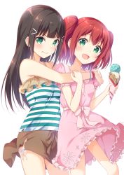 Rule 34 | 10s, 2girls, :d, bad id, bad pixiv id, black hair, blush, brown skirt, chamirai, chm (macharge), collarbone, dress, food, frilled dress, frills, green eyes, hair ornament, highres, holding, hug, hug from behind, ice cream, kurosawa dia, kurosawa ruby, long hair, looking at viewer, love live!, love live! school idol festival, love live! sunshine!!, mole, mole under mouth, multiple girls, open mouth, pink dress, red hair, shirt, short dress, short hair, short sleeves, simple background, skirt, sleeveless, sleeveless shirt, smile, striped clothes, striped shirt, twintails, white background