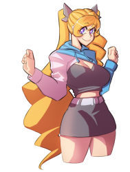 Rule 34 | 1girl, black skirt, blonde hair, breasts, cleavage, clenched hands, commentary, cosmikaizer, cropped hoodie, drill hair, edie crop hoodie, english commentary, fila, highres, hood, hoodie, lana (cosmikaizer), lana branford (cosmikaizer), large breasts, long hair, looking to the side, meme attire, original, purple eyes, skirt, smile, solo, twintails, uneven twintails, very long hair, white background