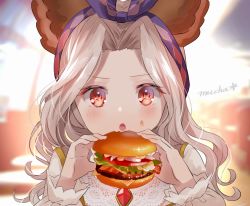 Rule 34 | 1girl, :o, animal ears, blush, brooch, burger, cat ears, eating, erune, food, food on face, granblue fantasy, hair intakes, head scarf, holding, jewelry, long hair, long sleeves, myusha, open mouth, parted bangs, red eyes, scathacha (granblue fantasy), signature, silver hair, solo, upper body