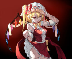 Rule 34 | 1girl, absurdres, adapted costume, azov, blonde hair, bow, bowtie, breasts, clothes pull, commentary, cowboy shot, crystal, flandre scarlet, hat, hat bow, highres, looking at viewer, medium breasts, medium hair, mob cap, one side up, open mouth, pointy ears, pulling own clothes, red background, red bow, red eyes, red shirt, red skirt, shirt, skirt, skirt pull, solo, standing, touhou, white hat, wings, wrist cuffs, yellow bow, yellow bowtie