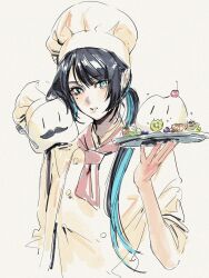 Rule 34 | 1girl, ado (utaite), adochansukisuki, alternate hairstyle, black hair, blue eyes, blue hair, chando (ado), chef, chef hat, cloud nine inc, colored inner hair, commentary, ha-chan (ado), hat, highres, holding, holding tray, long hair, looking at viewer, mole, mole under eye, multicolored hair, neckerchief, open mouth, ponytail, red neckerchief, shirt, solo, tray, upper body, utaite, white background, white hat, white shirt