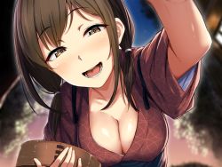 Rule 34 | 1girl, aoi tiduru, blurry, blurry background, blush, breasts, brown eyes, brown hair, brown kimono, bucket, cleavage, collarbone, japanese clothes, kimono, large breasts, looking at viewer, low twintails, open mouth, original, outdoors, sash, short sleeves, smile, solo, twintails