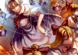 Rule 34 | 1girl, alice margatroid, axe, battle axe, blonde hair, blue dress, blue eyes, bow, capelet, commentary request, dress, hair bow, hairband, lolita hairband, puppet rings, puppet strings, ring, shaded face, shanghai doll, sword, touhou, u u zan, weapon