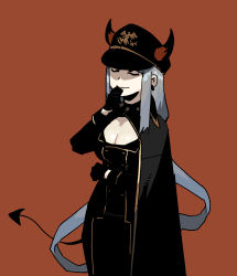 Rule 34 | 1girl, black cape, black gloves, black hat, black jacket, breasts, cape, cleavage, closed eyes, closed mouth, demon horns, demon tail, earrings, gloves, gogalking, grey hair, hand up, hat, highres, horns, horns through headwear, jacket, jewelry, large breasts, long hair, long sleeves, ofelia (gogalking), original, ponytail, red background, simple background, smile, solo, standing, tail, very long hair
